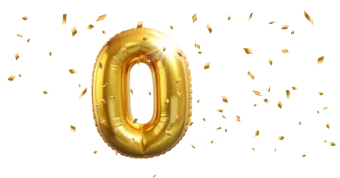 Goldene Ballonzahl Null mit Konfetti